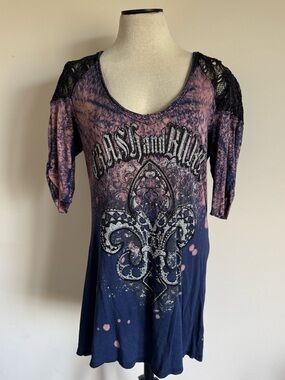 Crash & Burn Fleur de Lis Pink Blue Silver Tie Dye T-Shirt Rhinestone Blouse XL